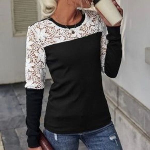 Boho Black Floral Embroidered Lace Top - Picture 1 of 5
